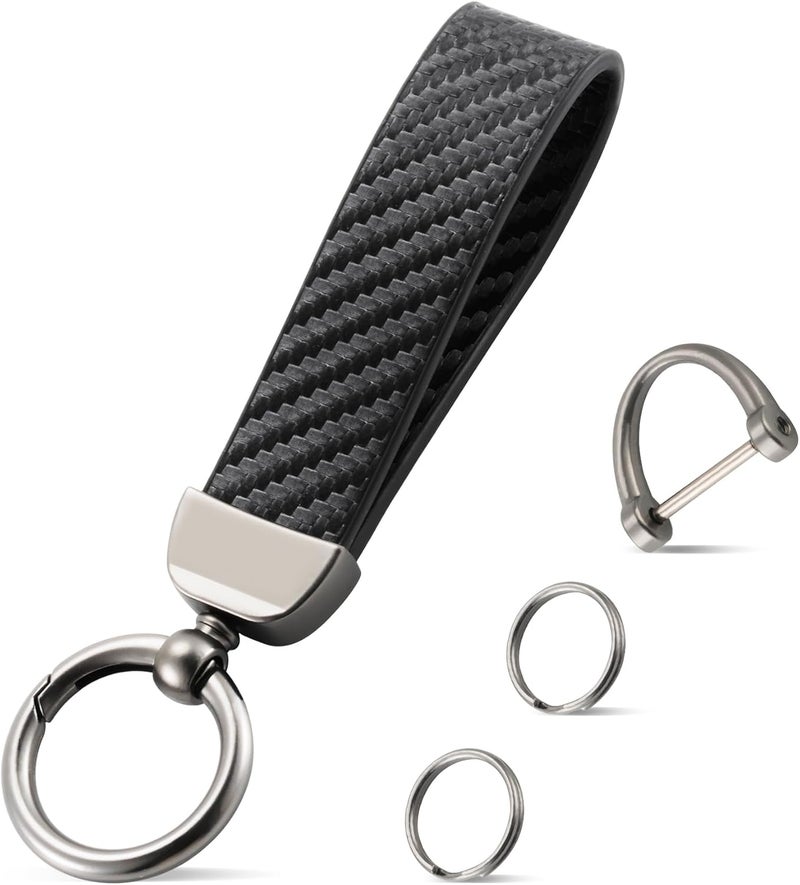 JUSTTOP Leather Keychain, Carbon Fiber Car Key Chain with Anti-Lost D-Ring and 2 Key Ring, Keychain Wristlet, Car Accessories, Universal Keychain for Men and Women (Black) - Image 1